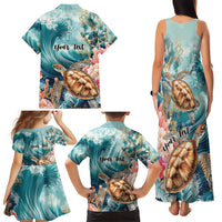 Personalized Caribbean Sea Turtle Family Matching Tank Maxi Dress and Hawaiian Shirt Fantastic Ocean Waves