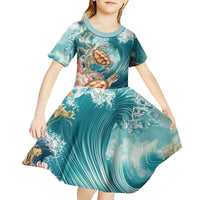 Personalized Caribbean Sea Turtle Kid Short Sleeve Dress Fantastic Ocean Waves