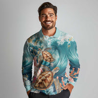 Personalized Caribbean Sea Turtle Long Sleeve Polo Shirt Fantastic Ocean Waves
