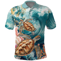 Personalized Caribbean Sea Turtle Polo Shirt Fantastic Ocean Waves