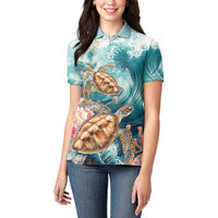 Personalized Caribbean Sea Turtle Women Polo Shirt Fantastic Ocean Waves