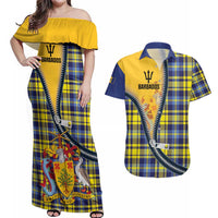 Barbados Celtic Festival Couples Matching Off Shoulder Maxi Dress and Hawaiian Shirt Yellow Blue Tartan Zipper Stylized