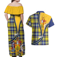 Barbados Celtic Festival Couples Matching Off Shoulder Maxi Dress and Hawaiian Shirt Yellow Blue Tartan Zipper Stylized