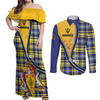 Barbados Celtic Festival Couples Matching Off Shoulder Maxi Dress and Long Sleeve Button Shirt Yellow Blue Tartan Zipper Stylized