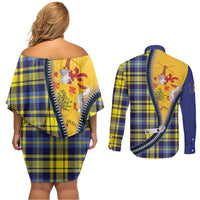 Barbados Celtic Festival Couples Matching Off Shoulder Short Dress and Long Sleeve Button Shirt Yellow Blue Tartan Zipper Stylized