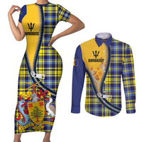 Barbados Celtic Festival Couples Matching Short Sleeve Bodycon Dress and Long Sleeve Button Shirt Yellow Blue Tartan Zipper Stylized