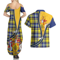 Barbados Celtic Festival Couples Matching Summer Maxi Dress and Hawaiian Shirt Yellow Blue Tartan Zipper Stylized