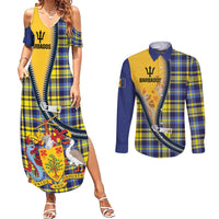 Barbados Celtic Festival Couples Matching Summer Maxi Dress and Long Sleeve Button Shirt Yellow Blue Tartan Zipper Stylized