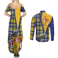 Barbados Celtic Festival Couples Matching Summer Maxi Dress and Long Sleeve Button Shirt Yellow Blue Tartan Zipper Stylized