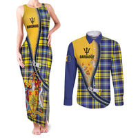 Barbados Celtic Festival Couples Matching Tank Maxi Dress and Long Sleeve Button Shirt Yellow Blue Tartan Zipper Stylized
