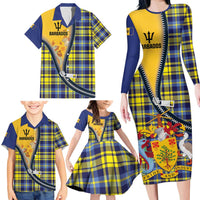 Barbados Celtic Festival Family Matching Long Sleeve Bodycon Dress and Hawaiian Shirt Yellow Blue Tartan Zipper Stylized