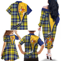 Barbados Celtic Festival Family Matching Off The Shoulder Long Sleeve Dress and Hawaiian Shirt Yellow Blue Tartan Zipper Stylized