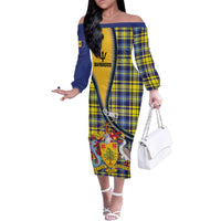 Barbados Celtic Festival Family Matching Off The Shoulder Long Sleeve Dress and Hawaiian Shirt Yellow Blue Tartan Zipper Stylized
