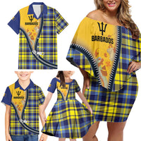 Barbados Celtic Festival Family Matching Off Shoulder Short Dress and Hawaiian Shirt Yellow Blue Tartan Zipper Stylized