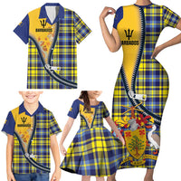 Barbados Celtic Festival Family Matching Short Sleeve Bodycon Dress and Hawaiian Shirt Yellow Blue Tartan Zipper Stylized