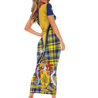 Barbados Celtic Festival Family Matching Short Sleeve Bodycon Dress and Hawaiian Shirt Yellow Blue Tartan Zipper Stylized