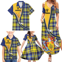Barbados Celtic Festival Family Matching Summer Maxi Dress and Hawaiian Shirt Yellow Blue Tartan Zipper Stylized
