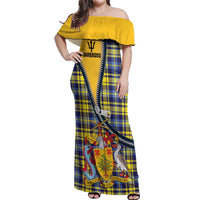 Barbados Celtic Festival Off Shoulder Maxi Dress Yellow Blue Tartan Zipper Stylized