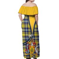 Barbados Celtic Festival Off Shoulder Maxi Dress Yellow Blue Tartan Zipper Stylized