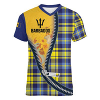 Barbados Celtic Festival Women V-Neck T-Shirt Yellow Blue Tartan Zipper Stylized
