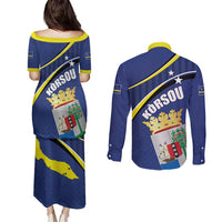 Curacao Flag Day Couples Matching Puletasi and Long Sleeve Button Shirt Korsou Map Simple Style