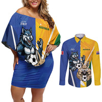 Custom Italy And Australia Soccer Couples Matching Off Shoulder Short Dress and Long Sleeve Button Shirt Gli Azzurri Vs Socceroos