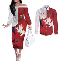 Custom Rugby France And Canada Couples Matching Off The Shoulder Long Sleeve Dress and Long Sleeve Button Shirt Le XV de France Vs Canucks