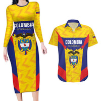 Custom Football Colombia Couples Matching Long Sleeve Bodycon Dress and Hawaiian Shirt Los Cafeteros Go Champions
