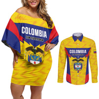 Custom Football Colombia Couples Matching Off Shoulder Short Dress and Long Sleeve Button Shirt Los Cafeteros Go Champions