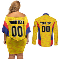 Custom Football Colombia Couples Matching Off Shoulder Short Dress and Long Sleeve Button Shirt Los Cafeteros Go Champions