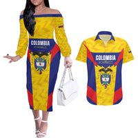 Custom Football Colombia Couples Matching Off The Shoulder Long Sleeve Dress and Hawaiian Shirt Los Cafeteros Go Champions