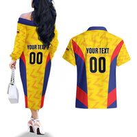 Custom Football Colombia Couples Matching Off The Shoulder Long Sleeve Dress and Hawaiian Shirt Los Cafeteros Go Champions