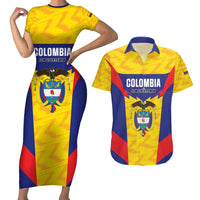Custom Football Colombia Couples Matching Short Sleeve Bodycon Dress and Hawaiian Shirt Los Cafeteros Go Champions