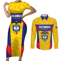 Custom Football Colombia Couples Matching Short Sleeve Bodycon Dress and Long Sleeve Button Shirt Los Cafeteros Go Champions