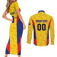 Custom Football Colombia Couples Matching Short Sleeve Bodycon Dress and Long Sleeve Button Shirt Los Cafeteros Go Champions
