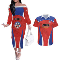 Custom Football Chile Football Couples Matching Off The Shoulder Long Sleeve Dress and Hawaiian Shirt La Roja Go Champions