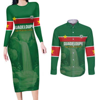 Custom Football Guadeloupe Green Couples Matching Long Sleeve Bodycon Dress and Long Sleeve Button Shirt Les Gwada Boy Go Champions