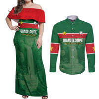 Custom Football Guadeloupe Green Couples Matching Off Shoulder Maxi Dress and Long Sleeve Button Shirt Les Gwada Boy Go Champions