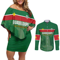 Custom Football Guadeloupe Green Couples Matching Off Shoulder Short Dress and Long Sleeve Button Shirt Les Gwada Boy Go Champions