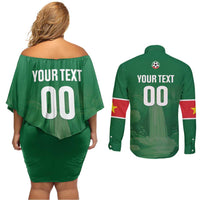 Custom Football Guadeloupe Green Couples Matching Off Shoulder Short Dress and Long Sleeve Button Shirt Les Gwada Boy Go Champions
