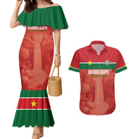 Custom Football Guadeloupe Red Couples Matching Mermaid Dress and Hawaiian Shirt Les Gwada Boy Go Champions