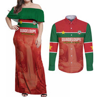Custom Football Guadeloupe Red Couples Matching Off Shoulder Maxi Dress and Long Sleeve Button Shirt Les Gwada Boy Go Champions