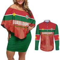 Custom Football Guadeloupe Red Couples Matching Off Shoulder Short Dress and Long Sleeve Button Shirt Les Gwada Boy Go Champions