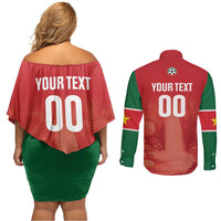 Custom Football Guadeloupe Red Couples Matching Off Shoulder Short Dress and Long Sleeve Button Shirt Les Gwada Boy Go Champions