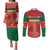 Custom Football Guadeloupe Red Couples Matching Puletasi and Long Sleeve Button Shirt Les Gwada Boy Go Champions