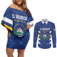 Custom El Salvador Football Couples Matching Off Shoulder Short Dress and Long Sleeve Button Shirt La Selecta Go Champions