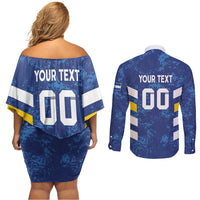 Custom El Salvador Football Couples Matching Off Shoulder Short Dress and Long Sleeve Button Shirt La Selecta Go Champions