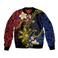 Philippines Spirit Tribal Sun Plumeria Bomber Jacket Red And Blue Polynesian Pattern