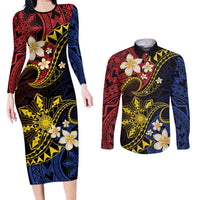 Philippines Spirit Tribal Sun Plumeria Couples Matching Long Sleeve Bodycon Dress and Long Sleeve Button Shirt Red And Blue Polynesian Pattern