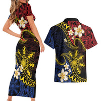 Philippines Spirit Tribal Sun Plumeria Couples Matching Short Sleeve Bodycon Dress and Hawaiian Shirt Red And Blue Polynesian Pattern